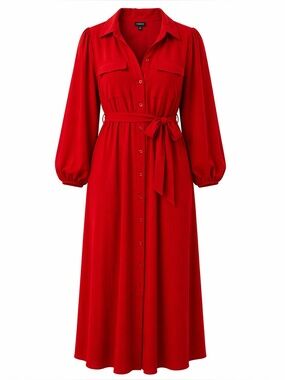 Torrid Red Maxi Shirt Dress Size 2 (18/20) Button Front Tie Waist Flowy Holiday